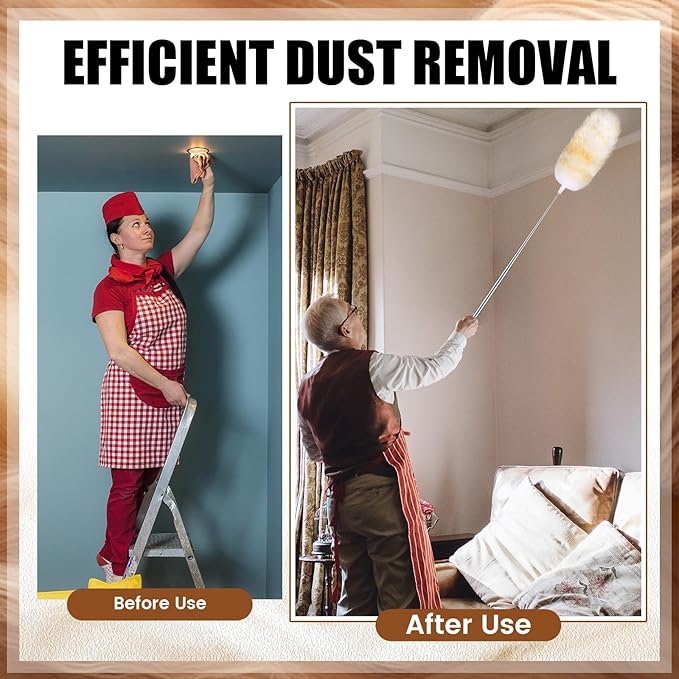 Remerry Extendable Lambswool Cleaning Duster 30-96 Inch, Wall Duster Cleaner with Stainless Steel Extension Pole for High Ceiling Fan, Interior, and Roof Dusting