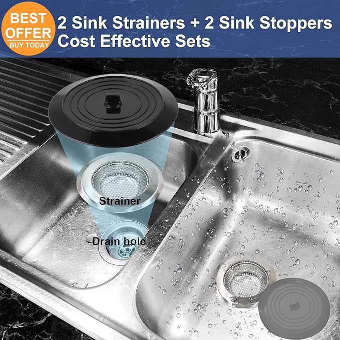 V-TOP Sink Strainer Stopper 4 Pack, Universal Silicone Kitchen Sink Drain Strainer Cover Plug Stopper Kit, 4.5 Inch Stainless Steel Sink Filter Strainer, Food Catcher for Kitchen Sink