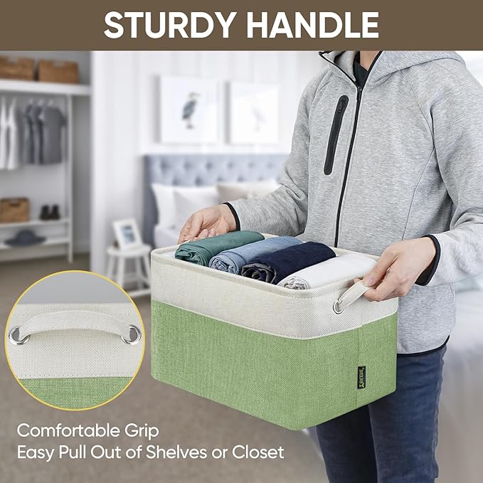 BALEINE 2 Pack Fabric Closet Storage Bins for Shelves, Linen Closet Organizers and Storage, Decorative Baskets for Organizing, Shelf, Clothes, Home, Office (Green, 15''x11''x9.5'')