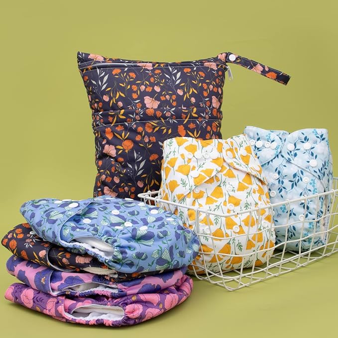 babygoal Reusable Cloth Diapers 6 Pack+6pcs Inserts+Wet Bag, One Size Adjustable Washable Pocket Nappy Covers for Baby Girls and Boys-Rash Free