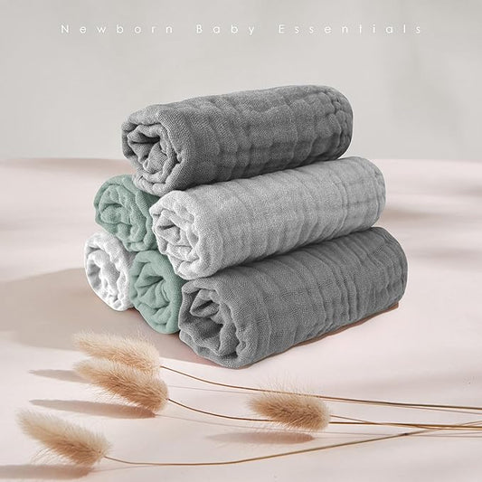 MOON PARK Baby Washcloths, 12 Pack - 12x12 Inches, Small Burp Cloths and Baby Wipes - 100% Cotton Muslin Ultra Soft for Newborn, Infant and Toddlers - Grey, Green and Slate