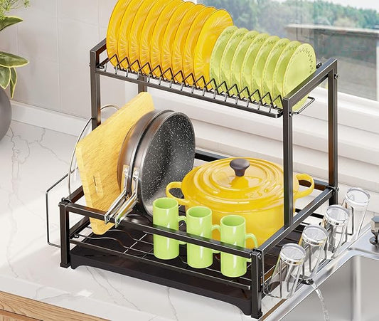 Simple Trending Dish Drying Rack, 2-Tier Dish Rack for Kitchen, Stainless Steel Dish Drainer, Black