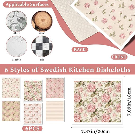 Reusable Swedish Dishcloths for Kitchen, 6 Pcs Vintage Floral Swedish Dish Cloths, Absorbent Pink Flower Sponge Cleaning Towels Wipes for Kitchen Cooking Home Decoration Housewarming Gifts
