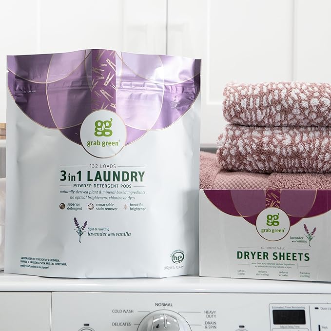 Grab Green 3-in-1 Laundry Detergent Pods and Dryer Sheet Bundle, 60 Count Pods and 80 Dryer Sheets, Lavender Vanilla Scent, Plant and Mineral Based Laundry Essentials