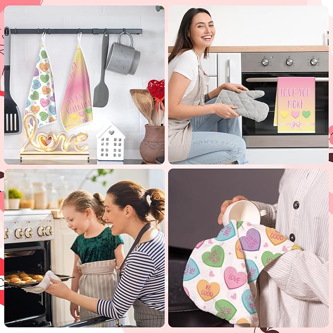 Valentines Day Kitchen Towels, 4PCS Conversation Heart Dish Towels for Cooking Cleaning, Absorbent Aesthetic Tea Towel with Hanging Loop for Home Kitchen Decor(16 X 24 Inches)
