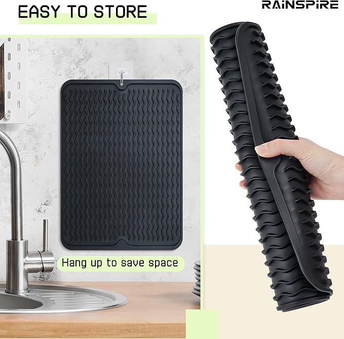 Rainspire Dish Drying Mats For Kitchen Counter, Silicone Dish Mat Drying Kitchen Mat, Food Grade Silicone Sink Drying Mat, Quick Dry Slip Resistant Kitchen Mats, 16x12inch, Black