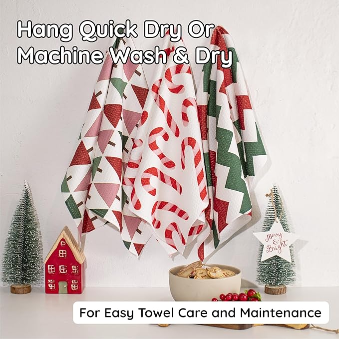Christmas Kitchen Towels Set of 3 Candy Lane – Microfiber Waffle Weave Dish Towels 16x24, Super Absorbent & Lint-Free Holiday Kitchen Towels for Drying, Cleaning & Christmas Décor