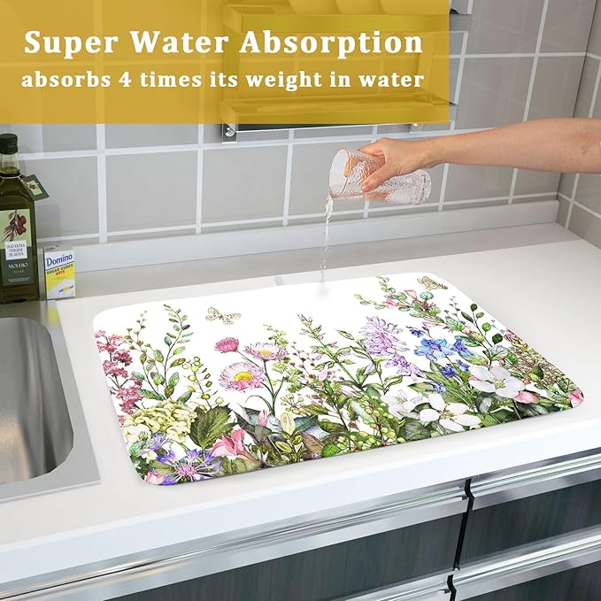 Aportt Spring Summer Floral Dish Drying Mat With Absorbent Reversible Microfiber Green Leaf Plants Flowers Drying Mats 18 x 24 Inch Dish Drainer Mat Fast Dry For Kitchen Dining Room