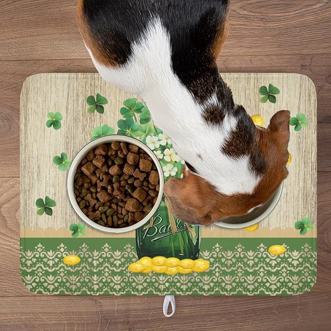 St Patricks Day Dish Drying Mat for Kitchen Counter Spring Holiday Green Lucky Shamrock Vase Drying Mat 18x24 Inch Absorbent Dish Drainer Mat Kitchen Accessories
