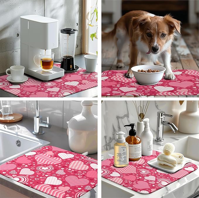 Red Heart Valentine Dish Dry Mat - 18x24 Inch Absorbent Reversible Dish Pad for Kitchen Counter