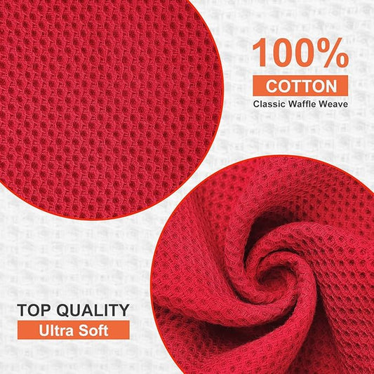 Kitinjoy 100% Cotton Kitchen Dish Cloths (12 X 12 Inches, Red), 12 Pack Waffle Weave Ultra Soft Absorbent Dish Towels for Drying Dishes Quick Drying Kitchen Towels Dish Rags