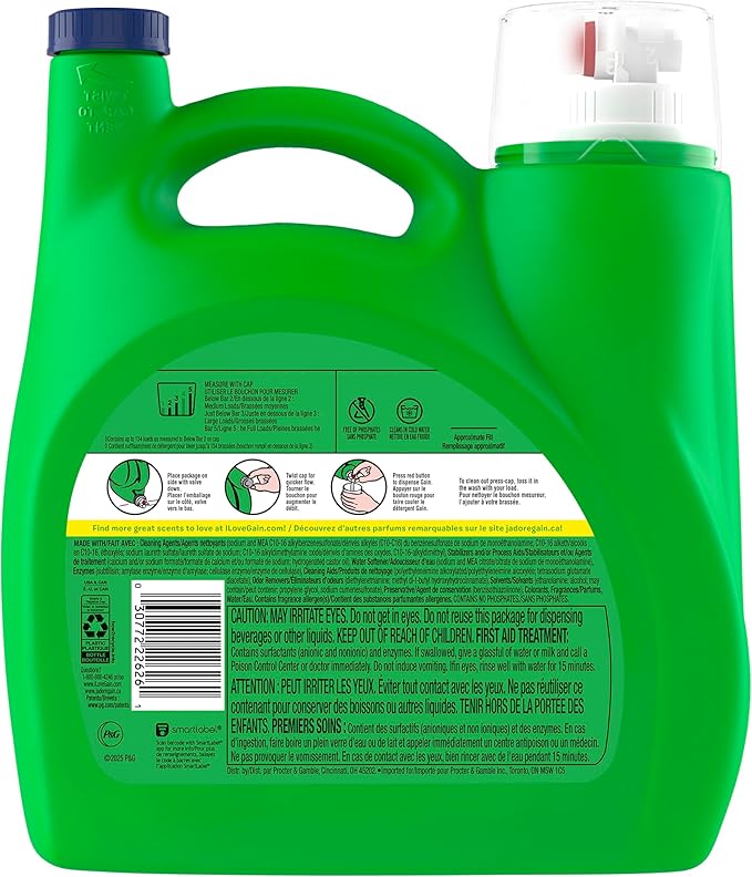 Gain Liquid Laundry Detergent, Original Scent, 177 fl oz, Freshness + Odor Fighting, Laundry Detergent Liquid Soap, HE compatible, 134 loads (Packaging May Vary)
