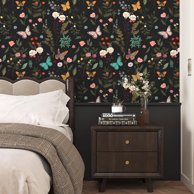 Boho Butterfly Adhesive Shelf Liner Contact Paper, 17.5" x 78" Vintage Black Floral Wallpaper for DIY Craft, Vinyl Removable Wallpaper for Dresser Dollhouse Cabinet Drawer in Dark Colorful