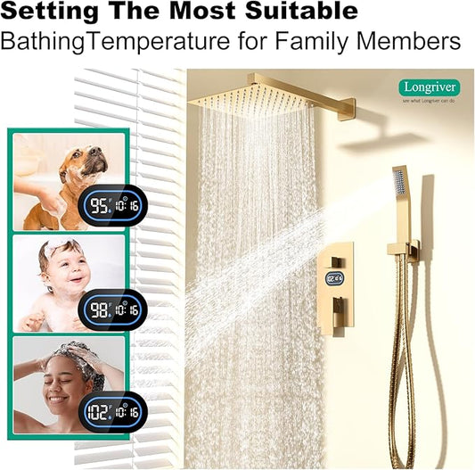Shower Faucet Set with Hydro Power Temperature Display, Shower System Bathroom 10 Inches Shower Head with Handheld Spray, Wall Mounted Shower Fixtures with Shower Valve and Trim Kit, Brushed Gold