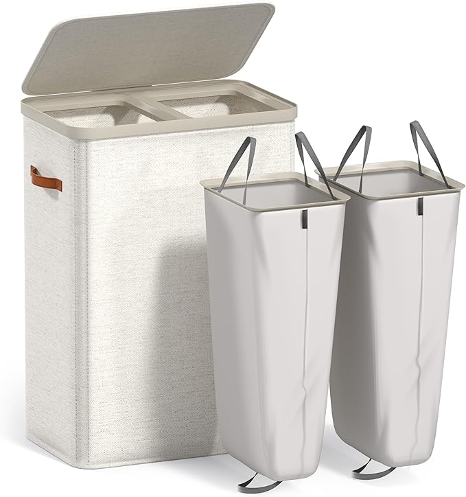 Sorbus Laundry Hamper with Lid - Collapsible 2-Compartment Fabric Laundry Basket with Handles and Removable Laundry Bag – 45 Gallon (170 L) Dirty Clothes Hamper for Bedroom, bathroom and dorm (Beige)