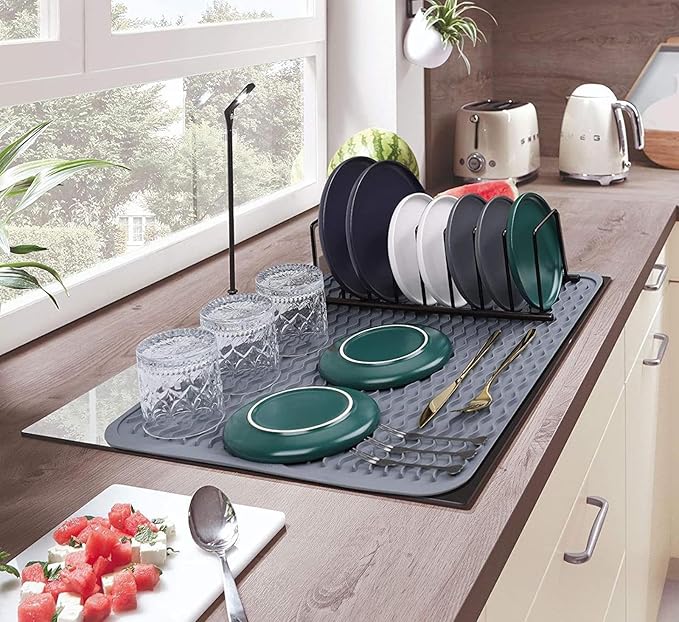 Large 14" x 11" Silicone Dish Drying Mat for Kitchen Counter, Easy clean, Quick Dry, Heat-resistant Dish Drainer Mat for Sink,Refrigerator or Drawer liner (Food Grade Silicone-Grey)