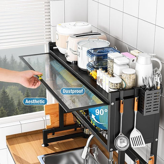 SNSLXH πππ«π π 2-Tier Over The Sink Dish Drying Rack, 33.66"Γ31.1"Γ11.81", Large Sink Rack for Kitchen, Saving Kitchen Space, Cover Design Holds Dishes, Bowls, and Cutlery, Kitchen Sink Shelf