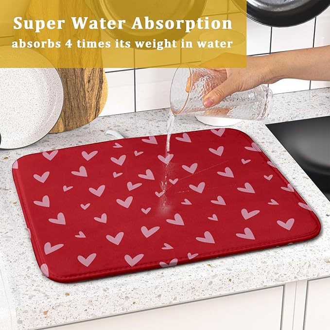 Valentines Dish Drying Mat for Kitchen Counter 16x18 Inch Valentine's Day Red Pink Love Heart Print Absorbent Reversible Microfiber Drying Mats Kitchen Countertop Protector Dishes Drainer Rack Pad