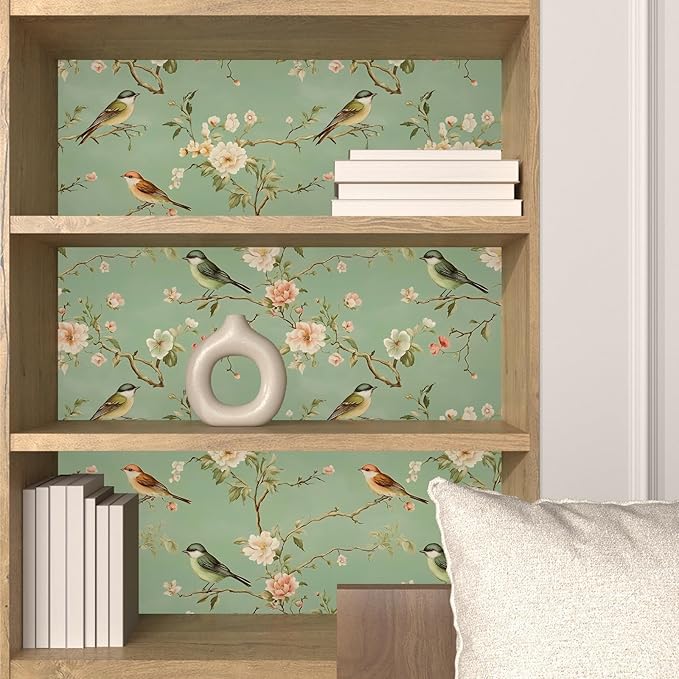 Laatse Green Floral Wallpaper Peel and Stick Bird Wallpaper Pink Flower Contact Paper 17.5" × 118" Waterproof Vinyl Self Adhesive Vintage Wall Paper for Bedroom Walls Cabinet Locker Decor