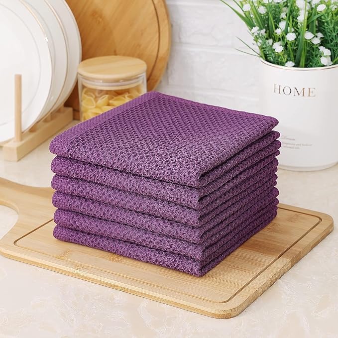 Kitinjoy 100% Cotton Kitchen Dish Cloths (12 X 12 Inches, Violet), 12 Pack Waffle Weave Ultra Soft Absorbent Dish Towels for Drying Dishes Quick Drying Kitchen Towels Dish Rags