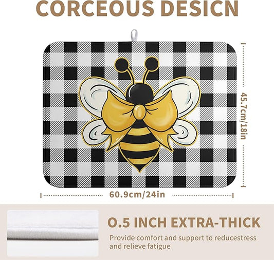 Bee Drying Mats for Kitchen Counter 18×24 Inch Black and White Buffalo Plaid Honey Bee Kitchen Drying Mats for Dishes Summer Microfiber Dish Pad Absorbent Dish Rack Mat
