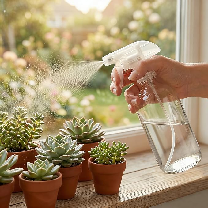 Suwimut 9 Pack Glass Spray Bottles, 16oz Empty Clear Boston Round Bottles Refillable Container with Trigger Sprayer for Cleaning Solutions, Essential Oils, Misting Plants