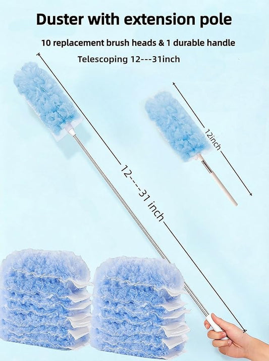 Heavy Duty Duster Refills, Disposable Dusters Kit for Cleaning Dusting Furniture Blind Ceiling Fan, Multi Surface 360 Feather Duster(10)+3FT Extended Handle(1) (Blue)