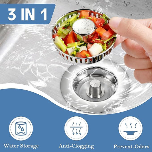 Kitchen Sink Drain Strainer 2 Pack, 304 Stainless Steel Pop Up Sink Stopper, Anti-Clogging Sink Drain Strainer for US Standard Kitchen Drain (Chrome)