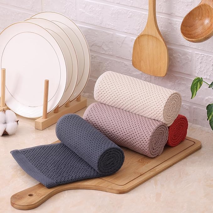 Kitinjoy 100% Cotton Waffle Weave Kitchen Hand Towels (13 X 28 Inches, Multicolor), 8-Pack Super Soft and Absorbent Dish Towel for Drying Dishes