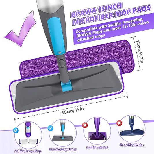 BPAWA 4X Reusable Pads Compatible with Swiffer PowerMop, 15" Microfiber Power Mop Replacement Refills Spray Mop Heads Washable Pad Dry Wet Mopping or Floor Cleaning