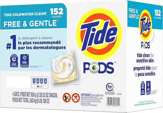 Tide PODS Liquid Laundry Detergent Pacs Free & Gentle 152-count, LARGE, White