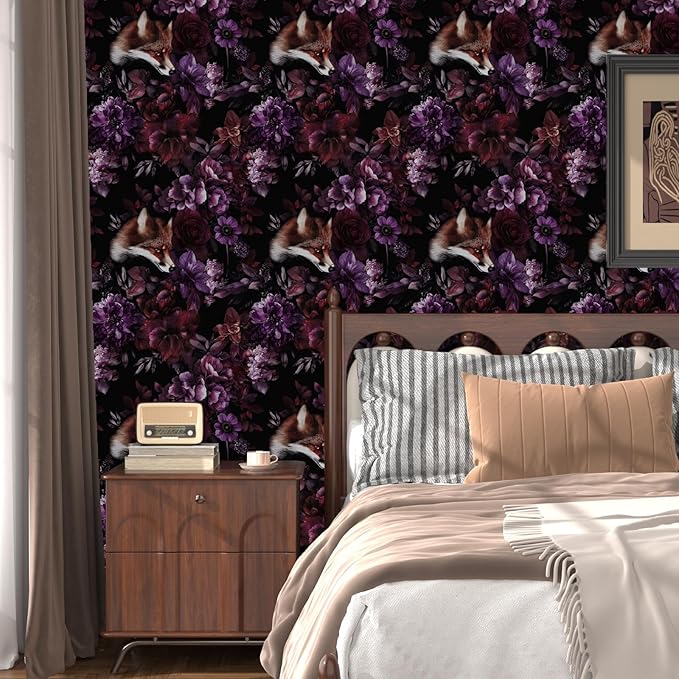 Fox Floral Animal Wallpaper Peel and Stick, Dark Purple/Red Goth Contact Paper, Black Vintage Gothic Wall Paper Self Adhesive Removable Waterproof for Bedroom Shelf Cabinet Drawer Table 17.5" x 118"