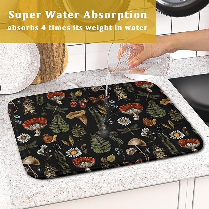 Mushroom Fern Leaves Berry Dish Drying Pad 16 x 18 Inch with Absorbent Reversible Microfiber Vintage Botanical Nature Forest Black Drying Mats For Kitchen Counter Dining Room Decoration