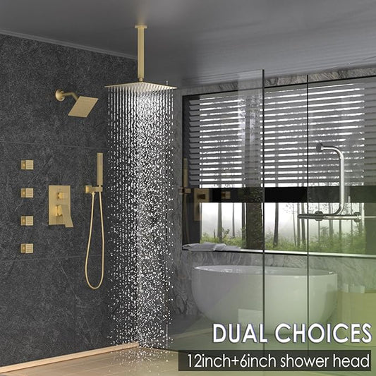 Enga Dual Shower Head Shower System with Body Jets, 12" Ceiling Mounted Rain Shower Head & 6" Wall Mounted Head Full Body Rainfall Shower Faucet with Valve Kit, Brushed Gold
