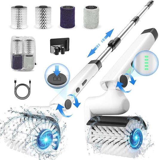 Roller-Type Electric Cleaning Brush - 2025 New Cordless Shower Scrubber with 200min Runtimes, 2-Speeds & 56" Extendable Handle, 4 Brush Heads, Shower Cleaner Brush, for Bathtub/Tile/Floor