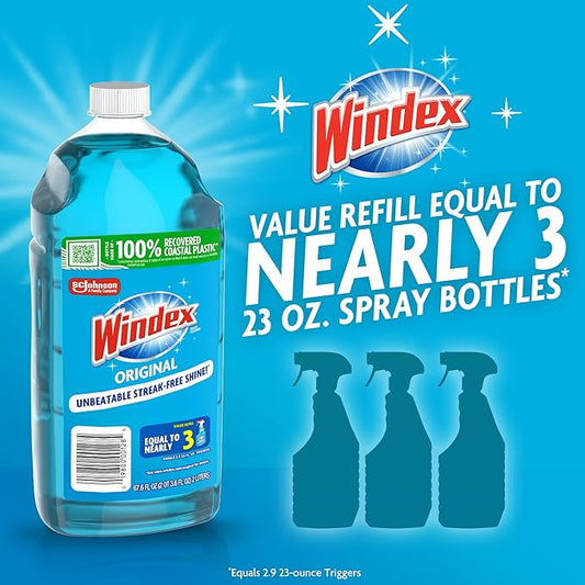 Windex Refill Glass and Window Cleaner Bottle, Bottle Made from 100% Recycled Plastic, Surface Cleaning Spray, Original Blue Scent, 2L (67.6 Fl Oz)