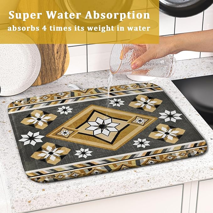 Boho Yellow Gray Aztec Dish Drying Mat for Kitchen Counter,Native American Tribal Aztec Ethnic Boho Style Drying Mat 16 x 18 Inch Microfiber Dish Drying Pad Dish Rack Pad Drainer Mat for Coffee Bar