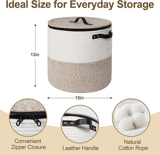 Storage Basket with Lid, 15"x13" Round Woven Blanket Storage for Living Room, Decorative Cotton Rope Hamper with Zipper Top, Wicker Basket with Lid, Floor Covered Kids Dog Toy Bin