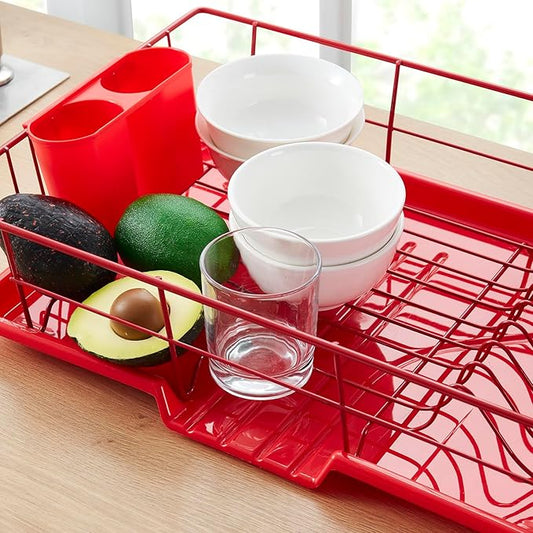 Space-Saving 3-Piece Dish Drainer Rack Set Efficient Kitchen Organizer for Quick Drying and Storage Includes Cutlery Holder and Drainboard Maximize Countertop Space, Bright Red