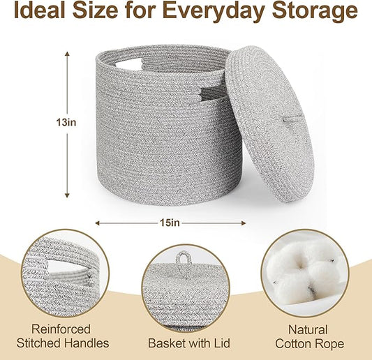 Storage Basket with Lid, Woven Blanket Storage for Living Room, Soft Cotton Rope Bin with Lid, Round Wicker Laundry Basket with Cover, Lidded Kid Dog Toy Box, Nursery Organizer, 15"x13", Gray