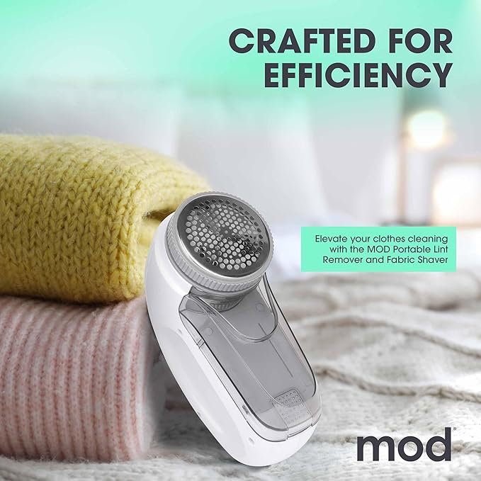 MOD Portable Fabric Shaver and Lint Remover, Reusable Pet Hair Remover,Roller for Clothes, Sweater Shaver, Couch, Blankets, Curtains with Detachable Lint Collector Tank, Battery Operated, White/Gray