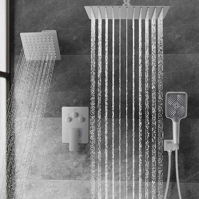 Shower Faucet Set,Brushed Nickel Push Button Shower System with Rain Shower and Handheld,Brushed Shower Faucet with Valve Ceiling Mount 12 Inch Shower Head and 6 Inch Shower Head with Handheld