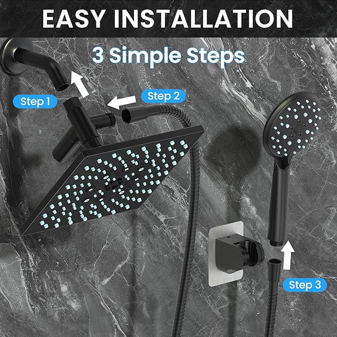 Veken High Pressure Rain Shower Head with Handheld, Multi-Functions Square Rainfall Shower Heads with 5-Mode Handheld Spray Combo, Detachable Hand Held Showerhead, Dual Matte Black Regaderas Para