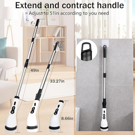 Electric Spin Scrubber Cordless Power Cleaning Brush with 8 Brush Heads Extendable Handle 3 Adjustable Size 2 Speeds IPX7 Waterproof for Bathroom and Kitchen