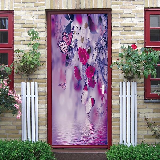 A.Monamour 3D Door Stickers for Interior Doors Red White Flowers and Butterflies Vinyl Waterproof Self Adhesive Door Mural Decals for Bedroom Office Bathroom 90x200cm
