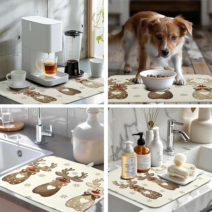 Christmas Reindeer Snowflakes Dish Drying Mat for Kitchen Counter 18x24 Inch Winter Xmas Holiday Drying Pads Microfiber Absorbent Dish Draining Mat Large Dish Drainer Rack Mat