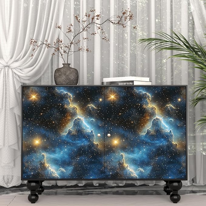 Fvlow Starry Night Sky Wallpaper Peel and Stick 17.4" x 394" Dark Blue Galaxy Contact Paper Modern Space Wallpaper for Bedroom Cabinet Bathroom Home Decor