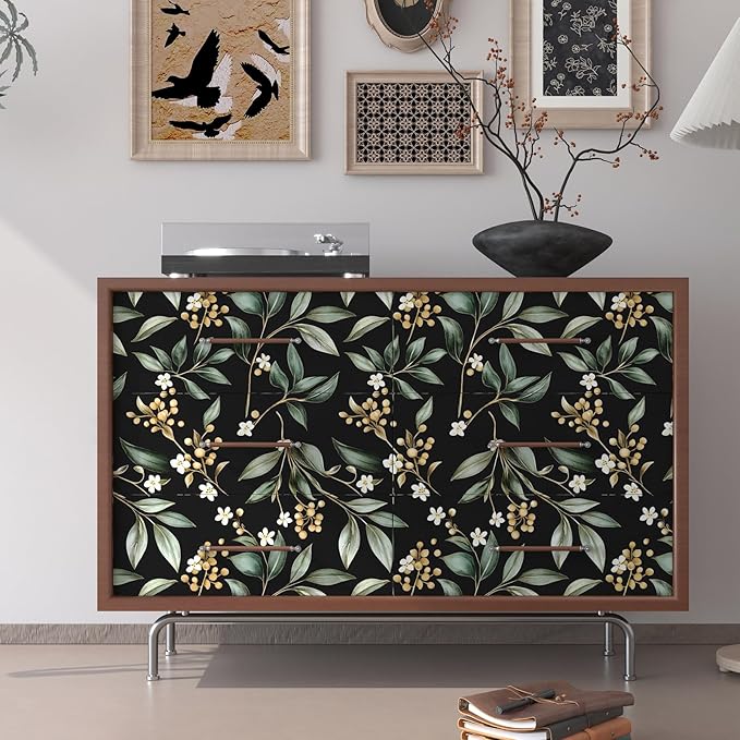Vintage Leaf Peelable Wallpaper, Black Green Leaf Botanical DIY Craft Self-Adhesive Contact Paper for Cabinet Drawer Decor, Vinyl Wall Paper Dark Green Wall Cover Decor 17.5" x 78"