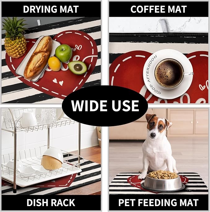 Valentine's Day Dish Drying Mat for Kitchen Counter 18x24 Black White Stripes Red Love Heart Dishes Drainer Mats Absorbent Dish Pad Large Dish Draining Mat for Coffee Bar