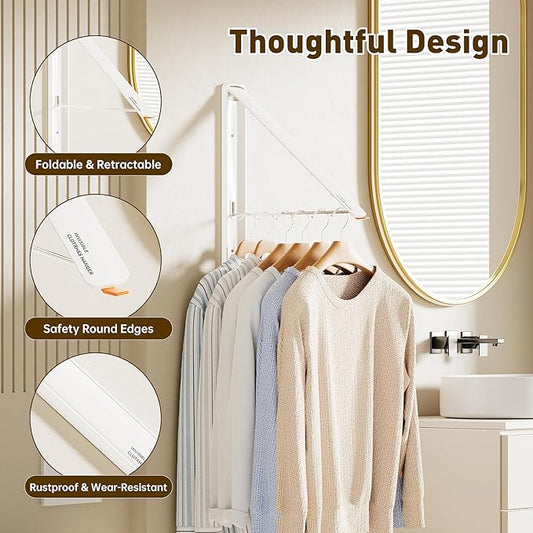 Clothes Drying Rack, Laundry Room Wall Mounted Retractable Clothes Hanger Drying Rack, Laundry Clothing Drying Rack Folding Indoor or Outdoor, Easy Installation Aluminium Dryer, 1pcs(White)